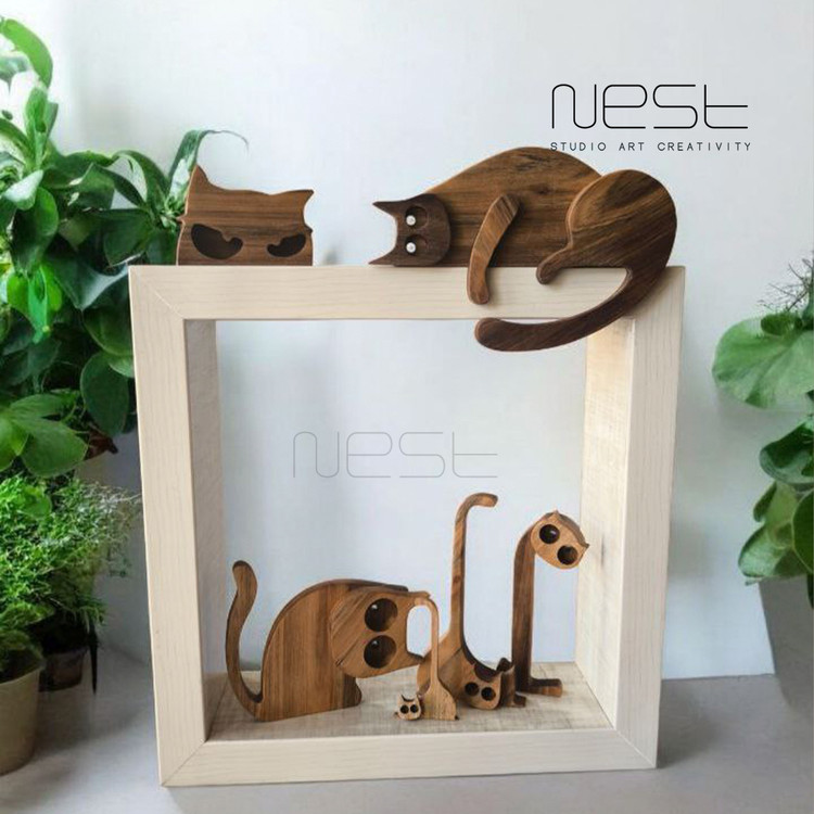 مجسمه گربه چوبی مینیمال رخ