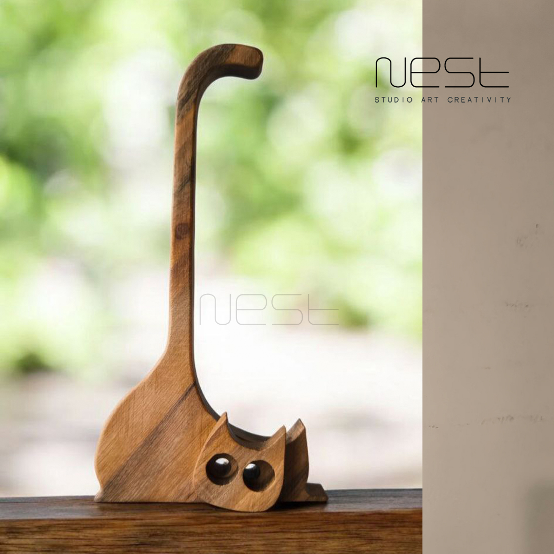 مجسمه گربه چوبی مینیمال | خرید تندیس دکوراتیو چوب گردو
